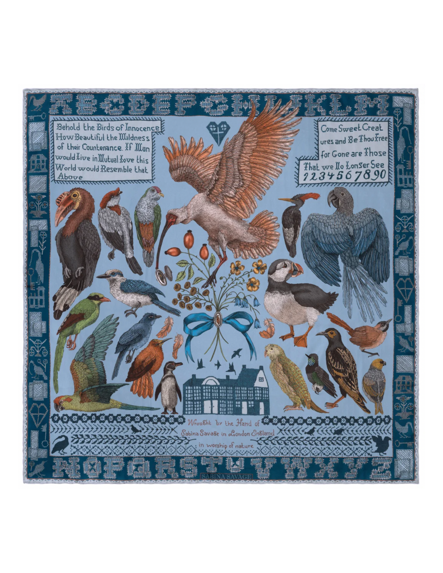 135x135 Large Silk Scarf-Birds of Innocence-Bluebell