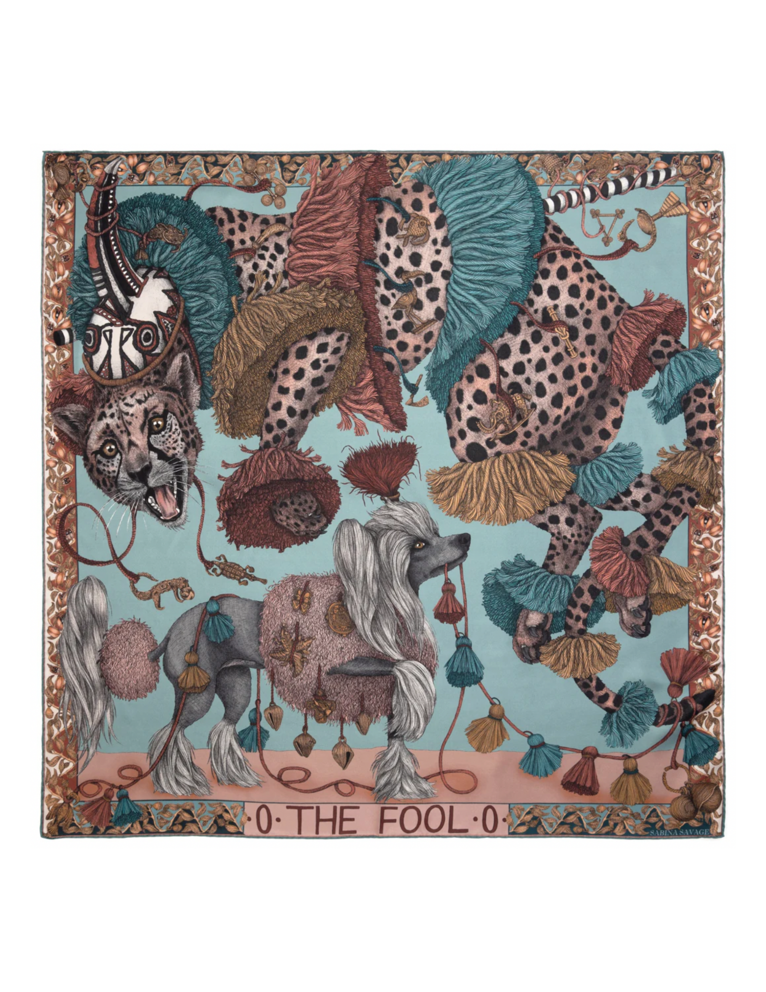 90x90 Medium Silk Scarf-The Fool-Leopard with Dogs-Green