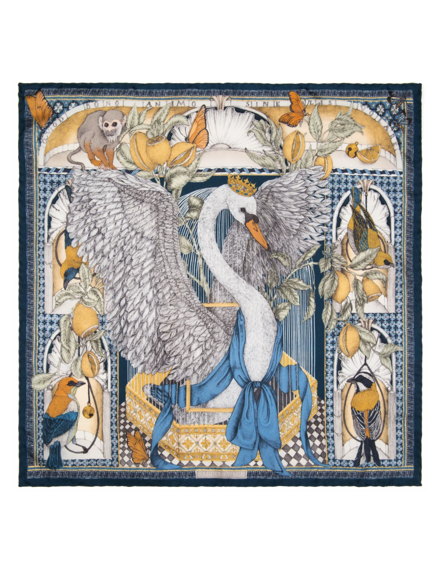 135x135 Large Silk Scarf-Aviarium Maria-Indigo