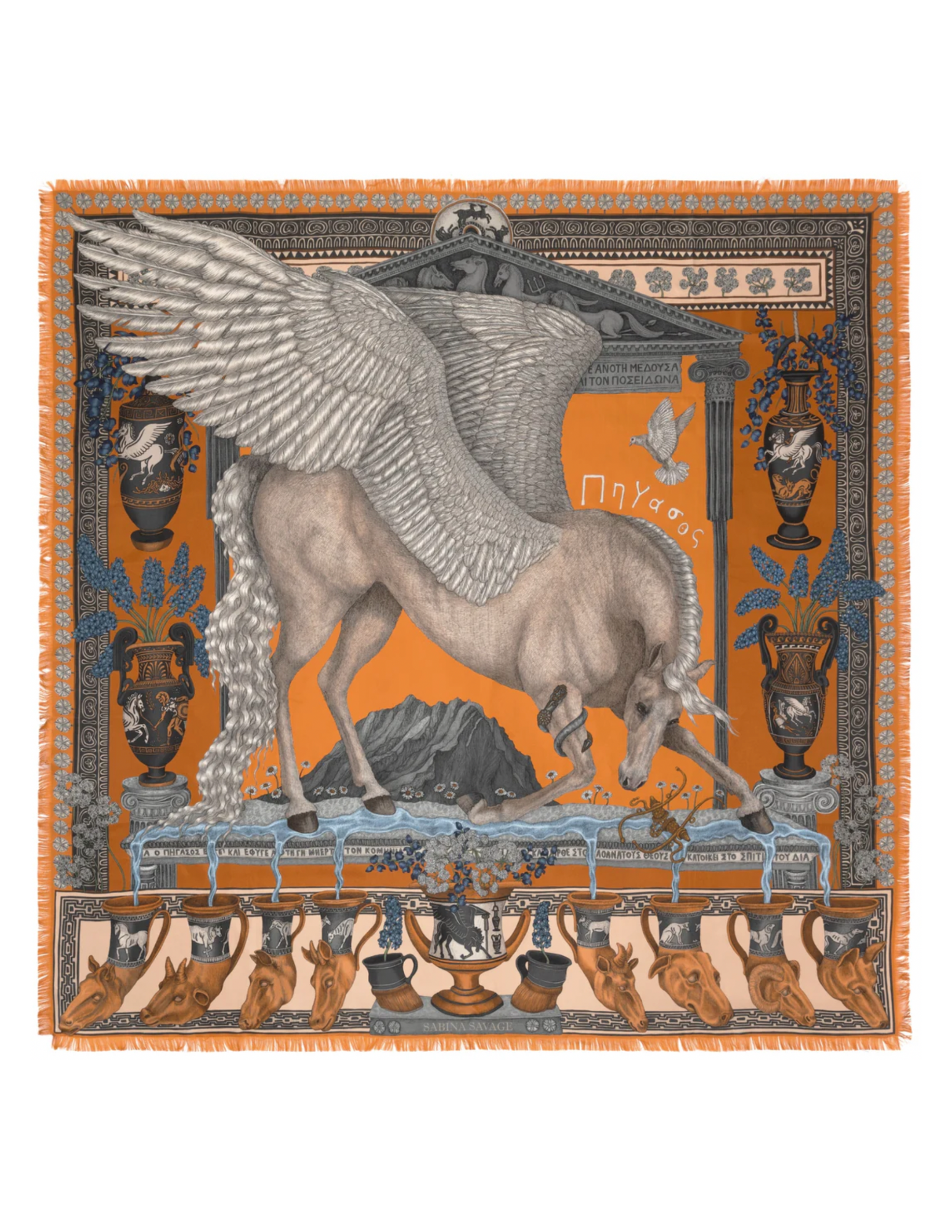 135x135 Large Silk Scarf-Temple of Pegasus-Citrus/Chalk