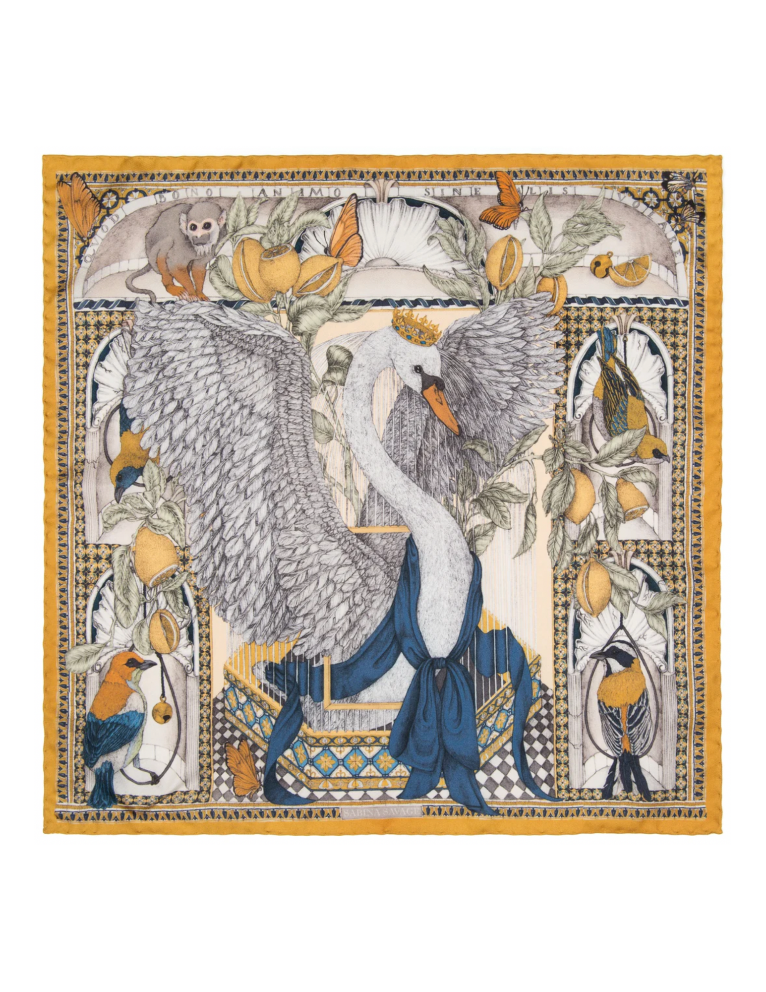 135x135 Large Silk Scarf-Aviarium Maria-Lemon