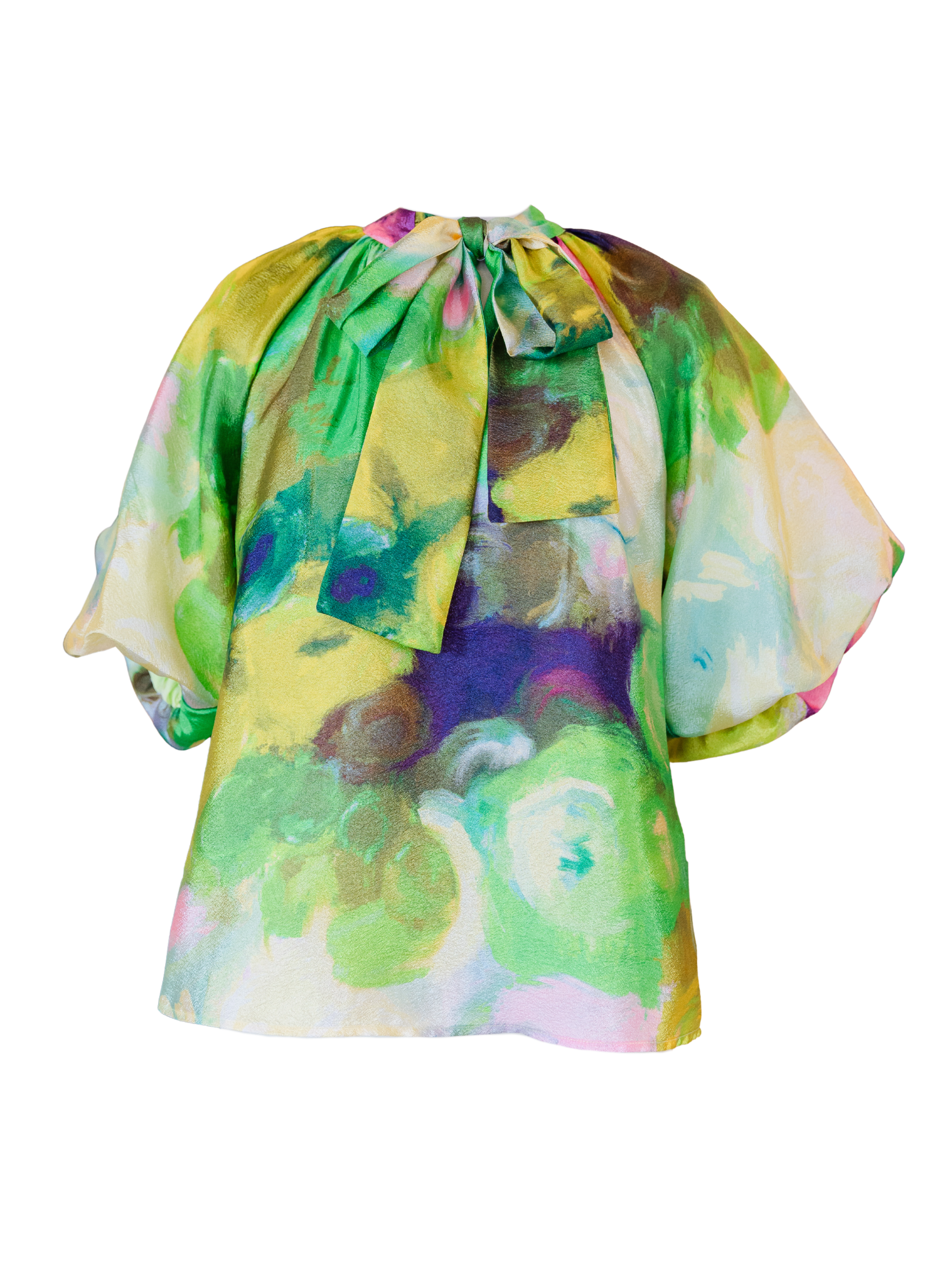 Watercolor Print Puff Sleeve Top - Green