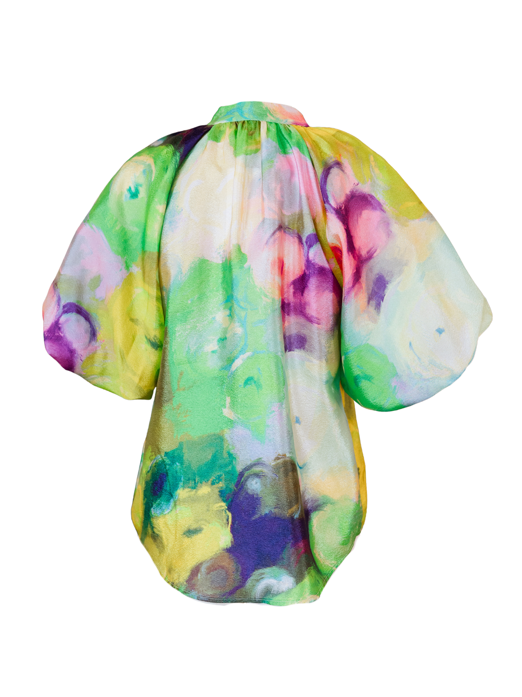 Watercolor Print Puff Sleeve Top - Green