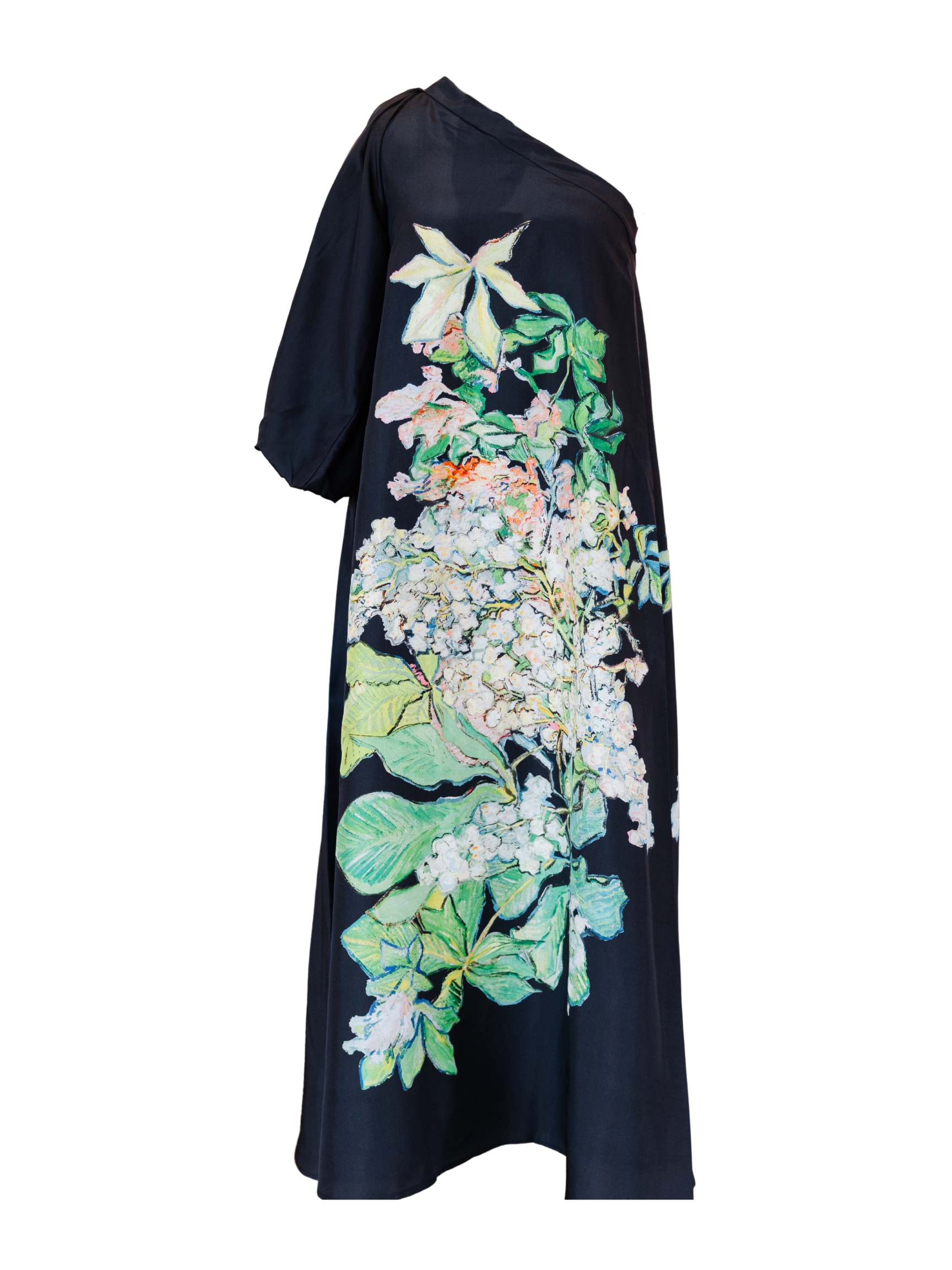 One Shoulder Floral Print Dress - Black