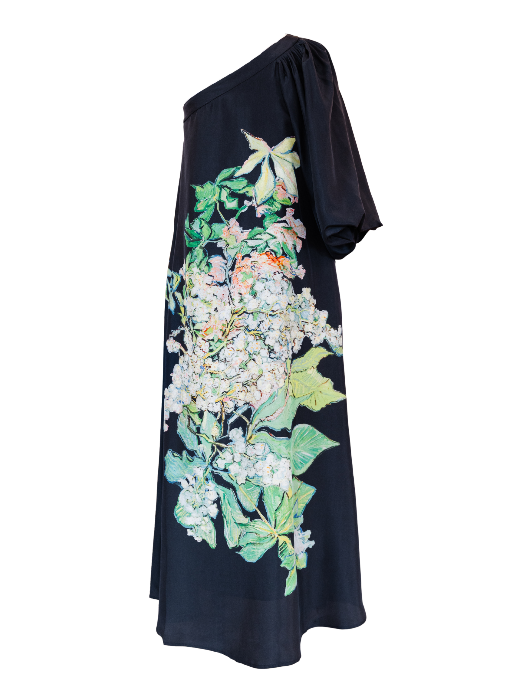 One Shoulder Floral Print Dress - Black