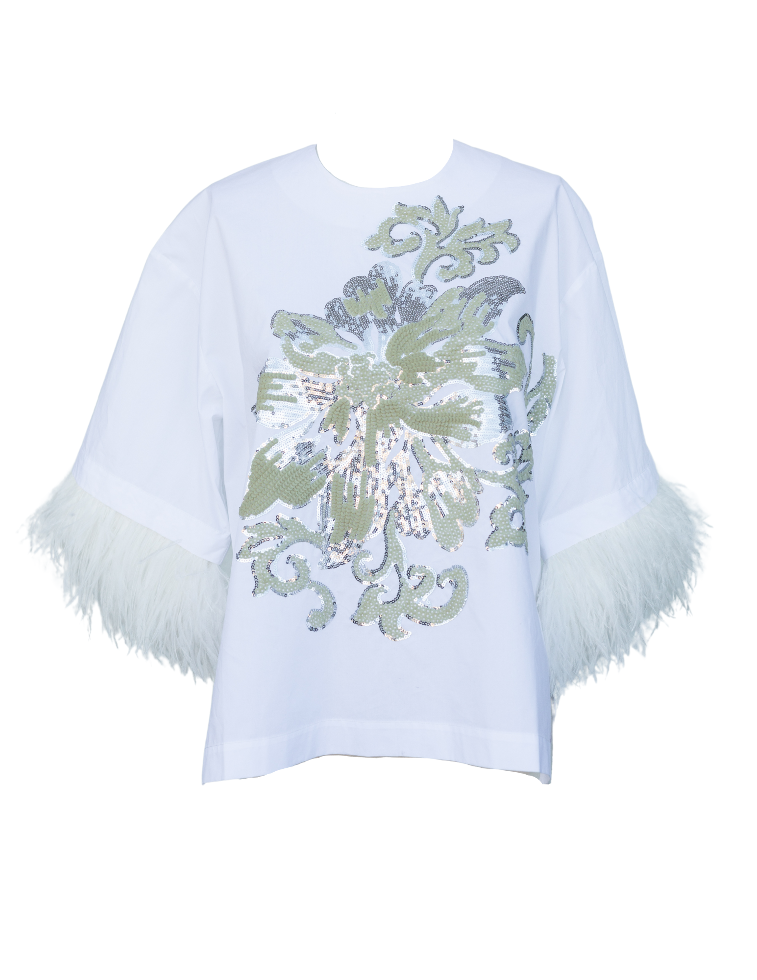 Sequin Top w/ Feathers - White