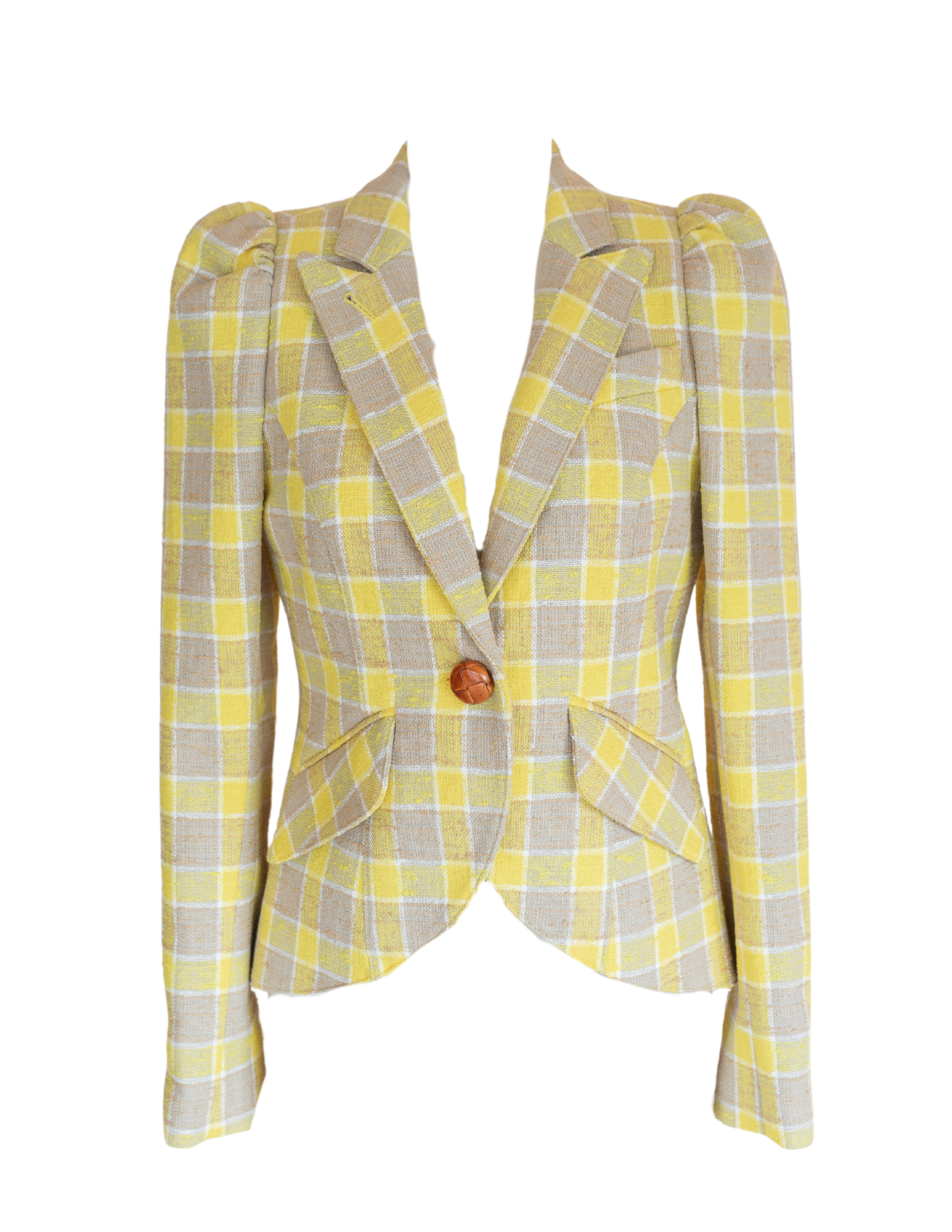 Pouf Sleeve One Button Blazer - Yellow Check