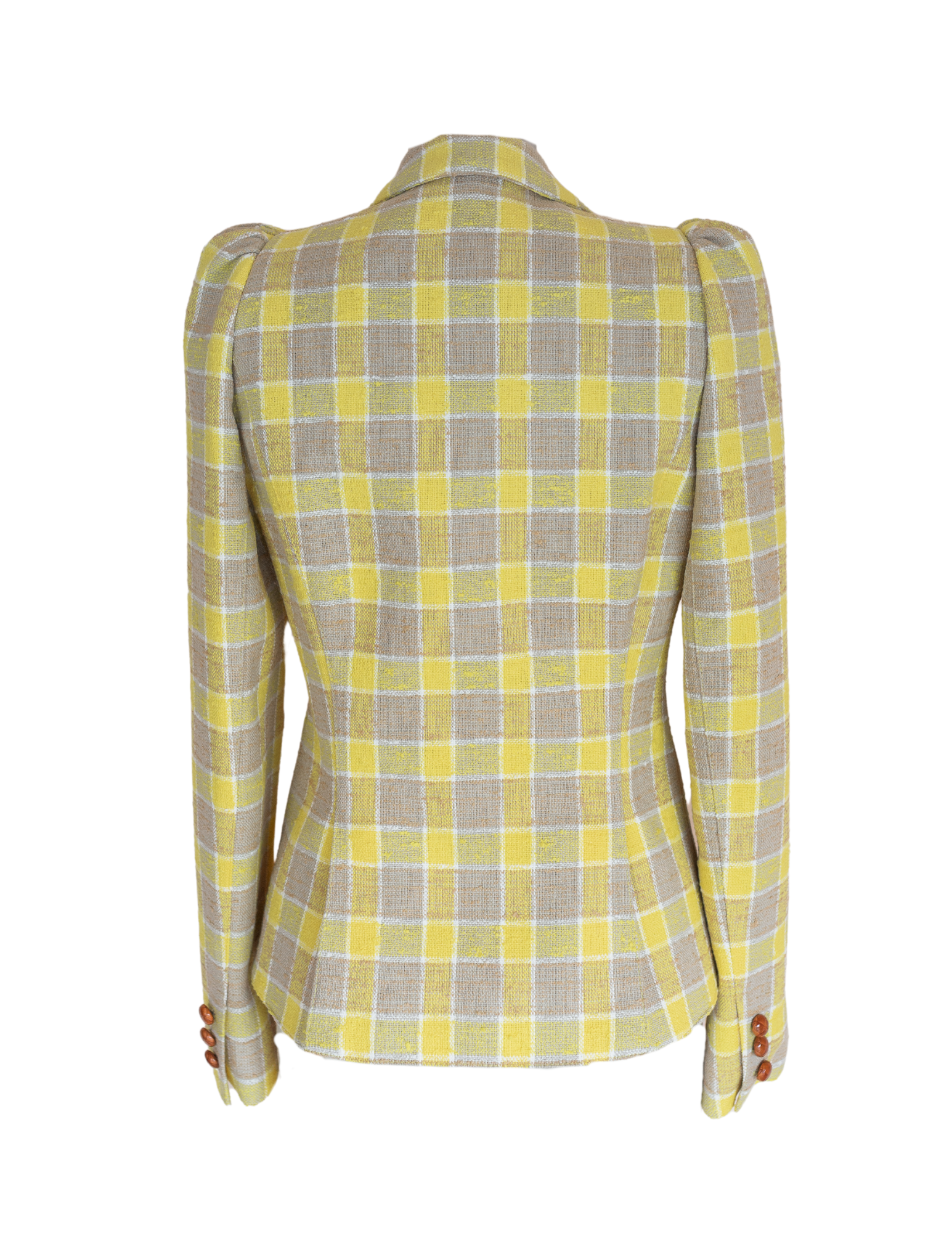 Pouf Sleeve One Button Blazer - Yellow Check