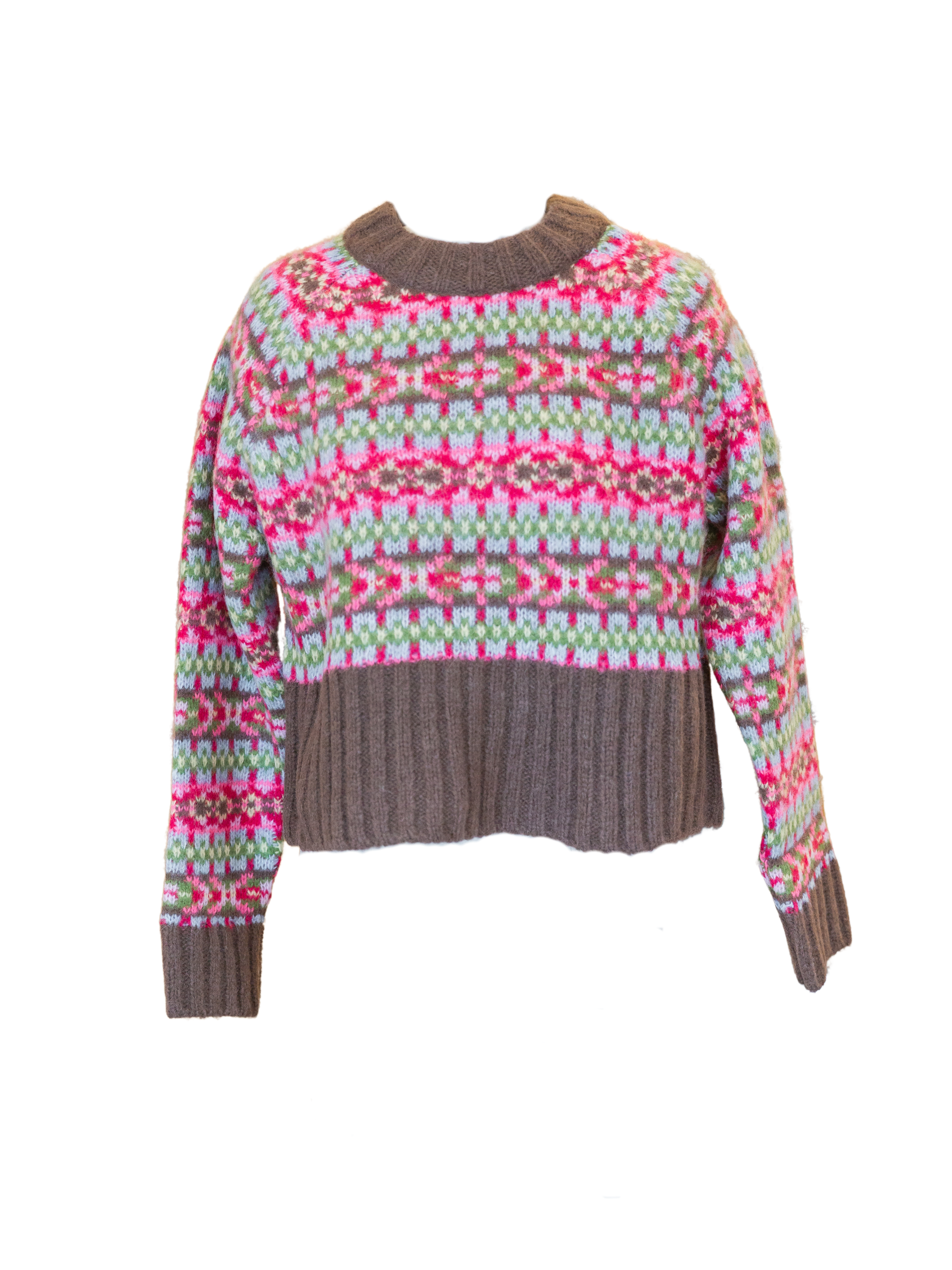 Cropped Crewneck Sweater - Pink Fair Isle