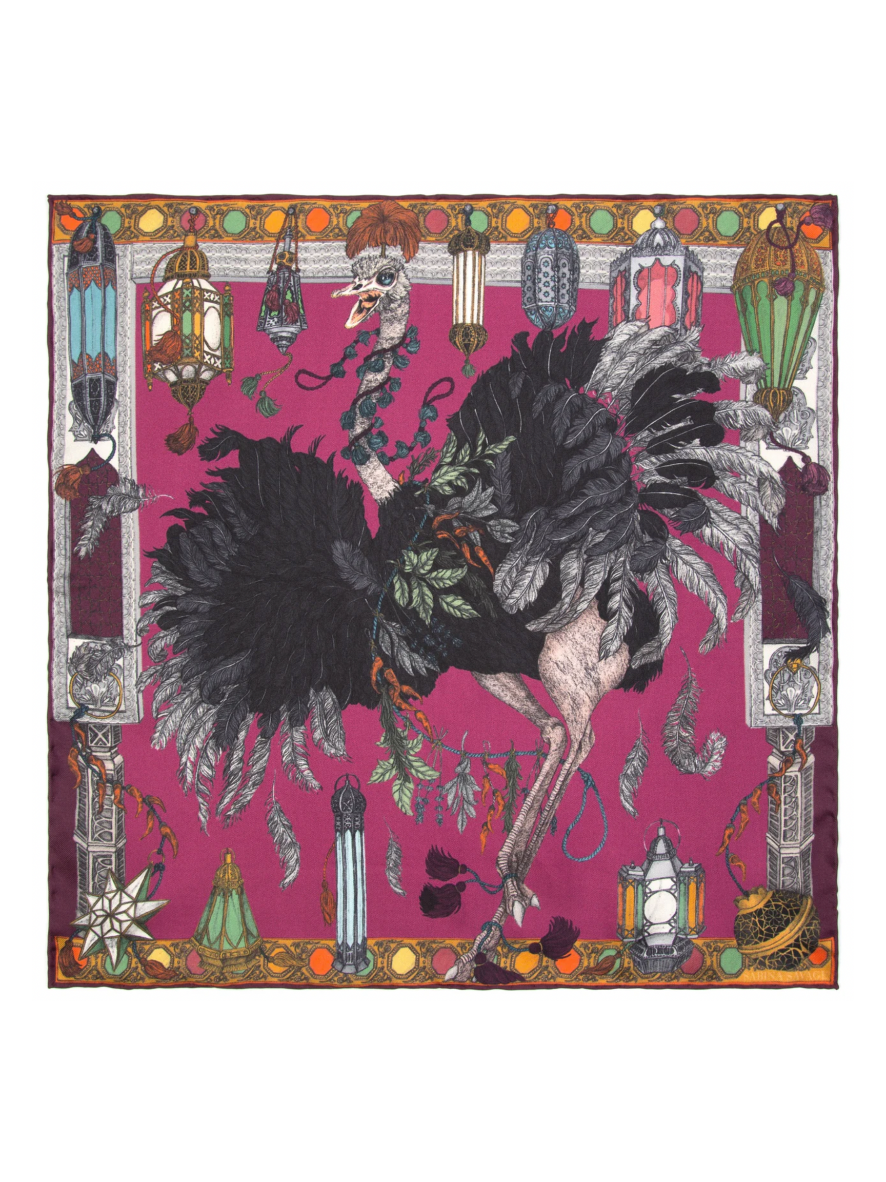 42x42 Small Silk Scarf-The Opulent Ostrich-Fuschia