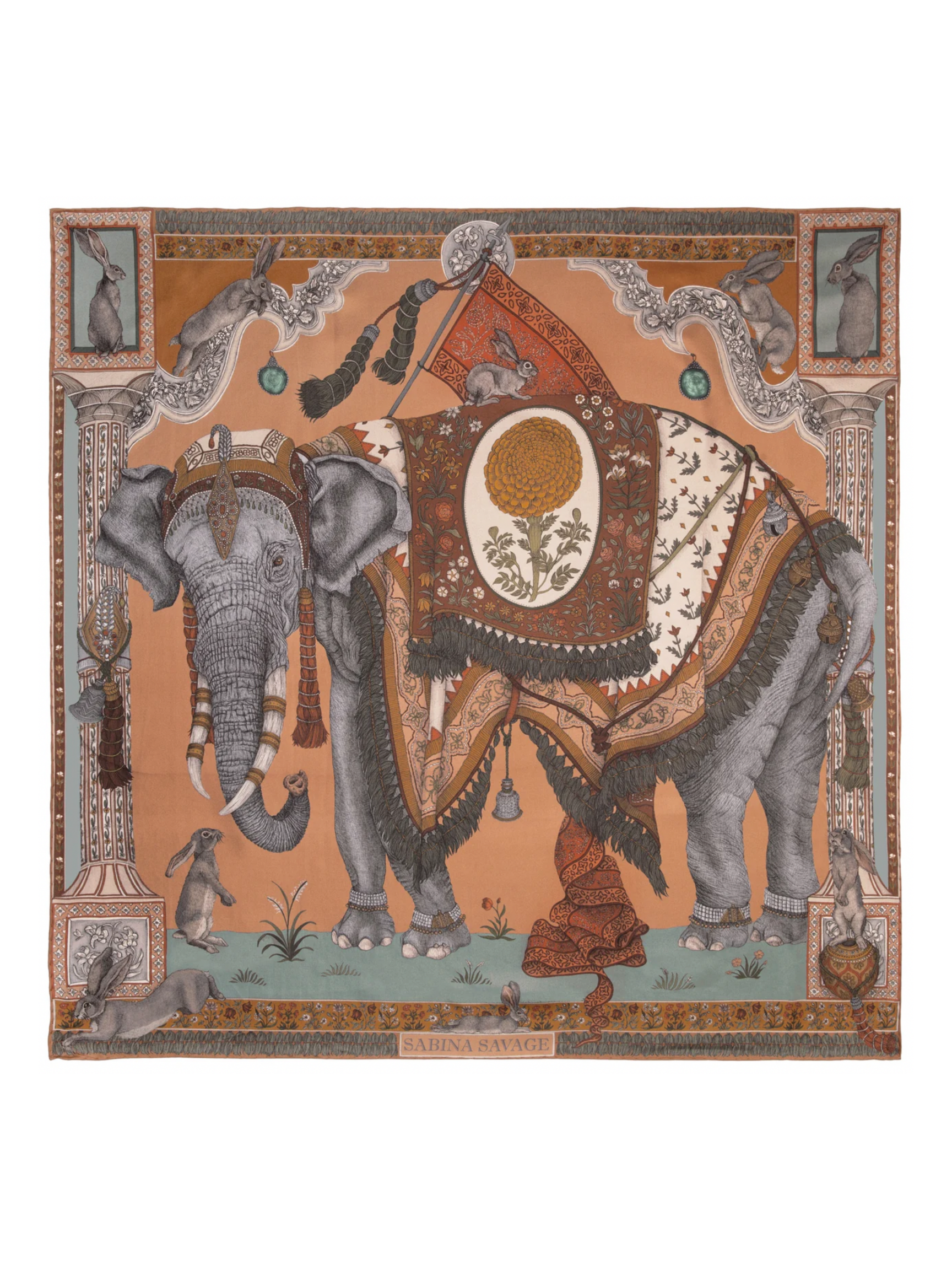 90x90 Medium Silk Scarf-Rabbit's and Elephant-Plaster