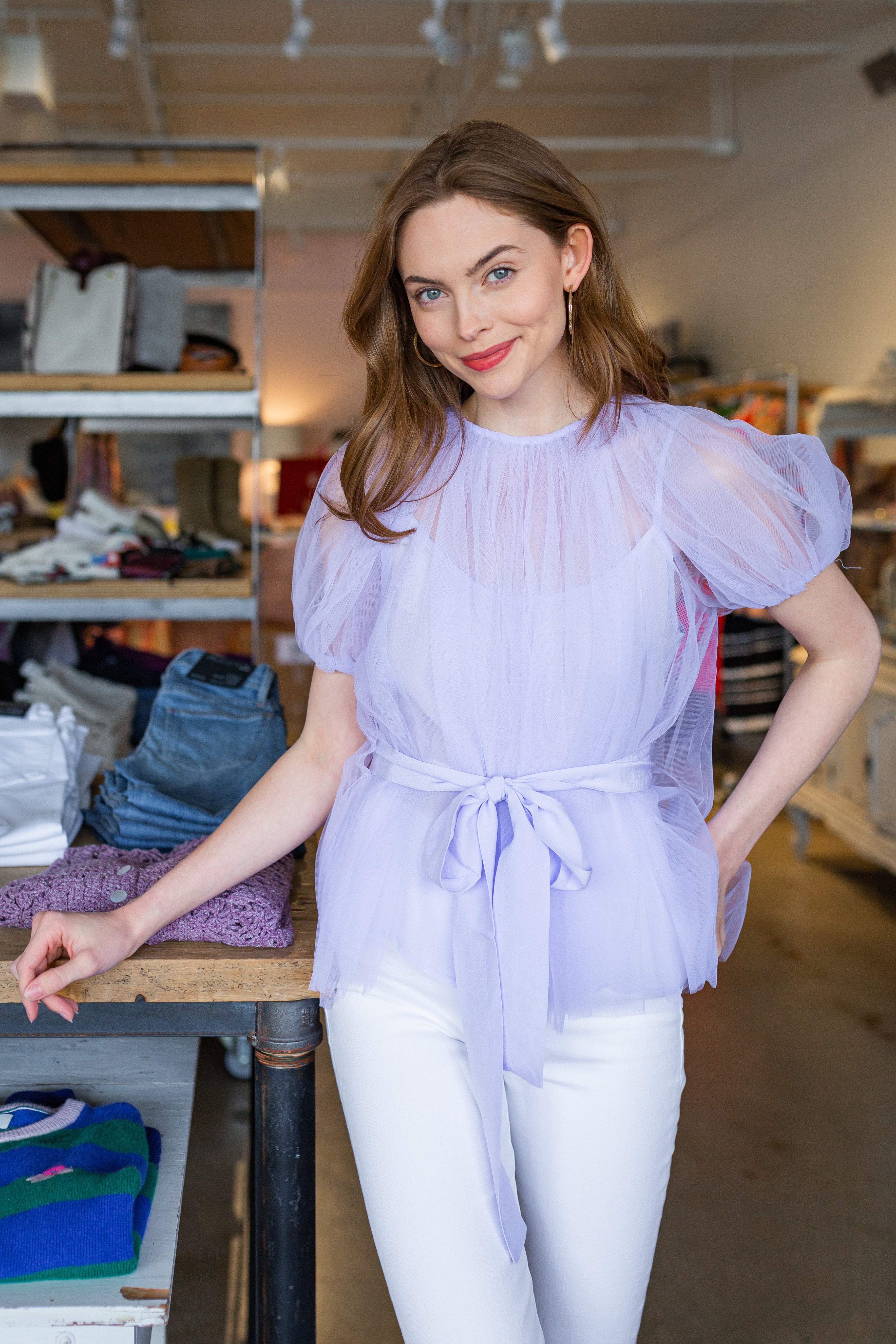 Gathered Tull Short Sleeve Top - Lilac
