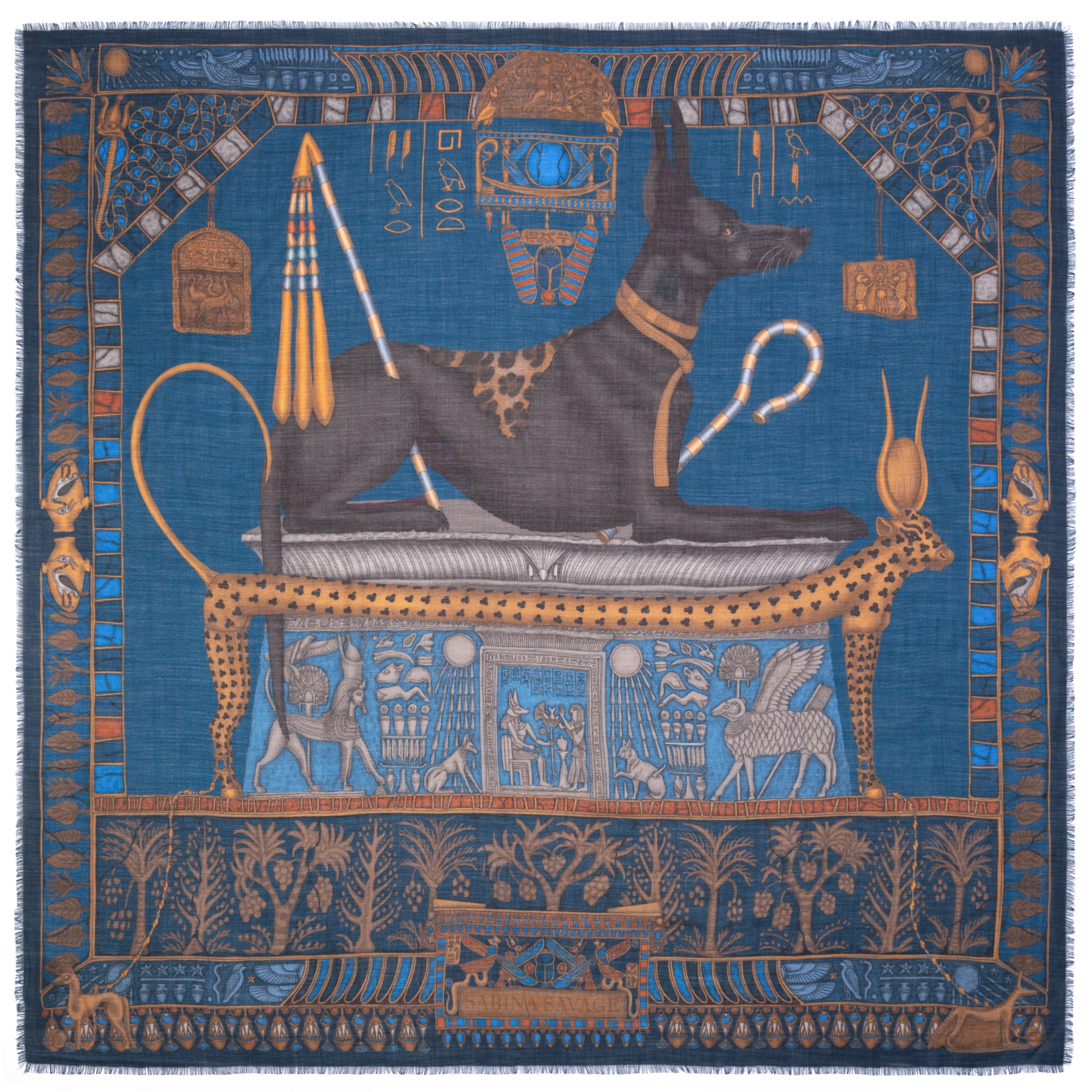 135x135 Large Cashmere Scarf Ode to Anubis Lapis