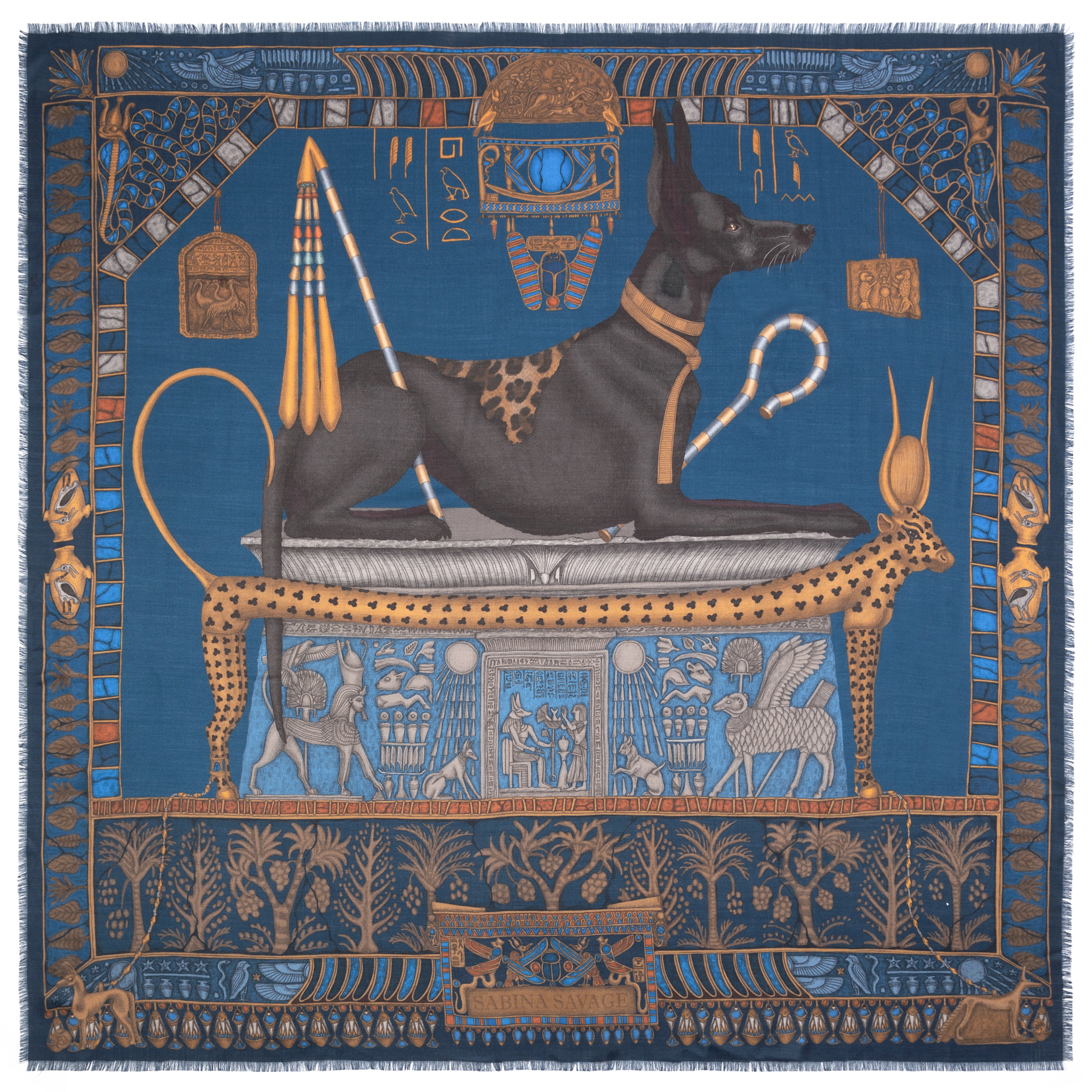 135cm x 135cm Large Wool Silk Scarf Ode to Anubis Lapis