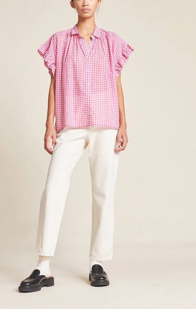 Marianne B Ruffle Sleeve Shirt - Raspberry Check