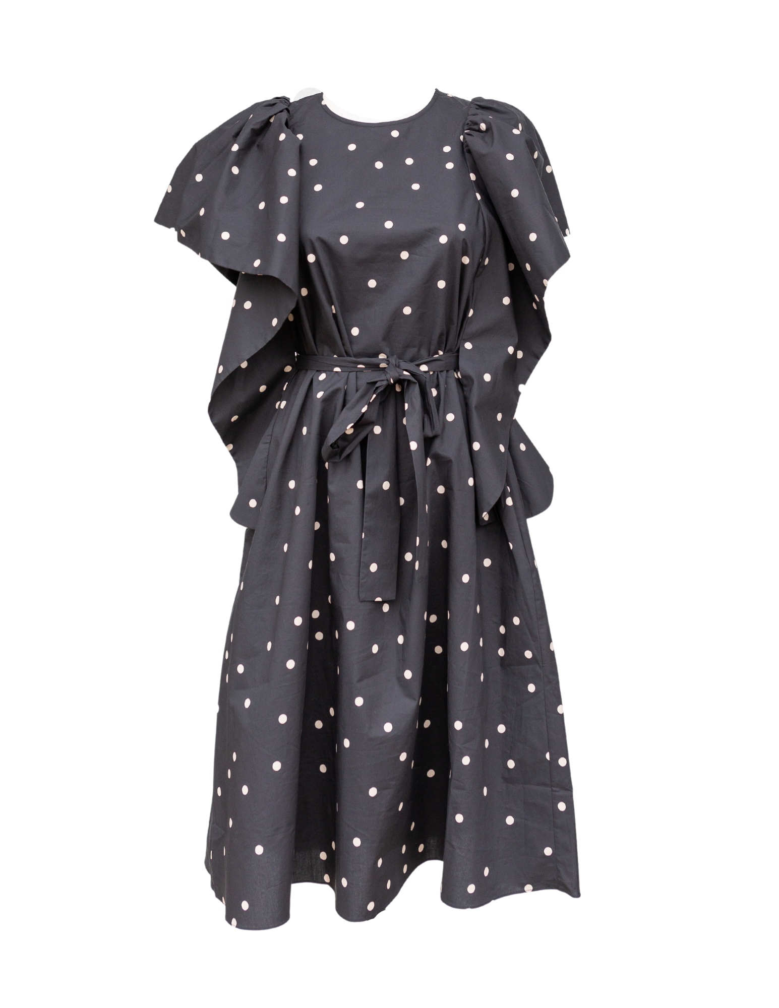 Short Double Ruffle Sleeve Dress - Dot Print Black