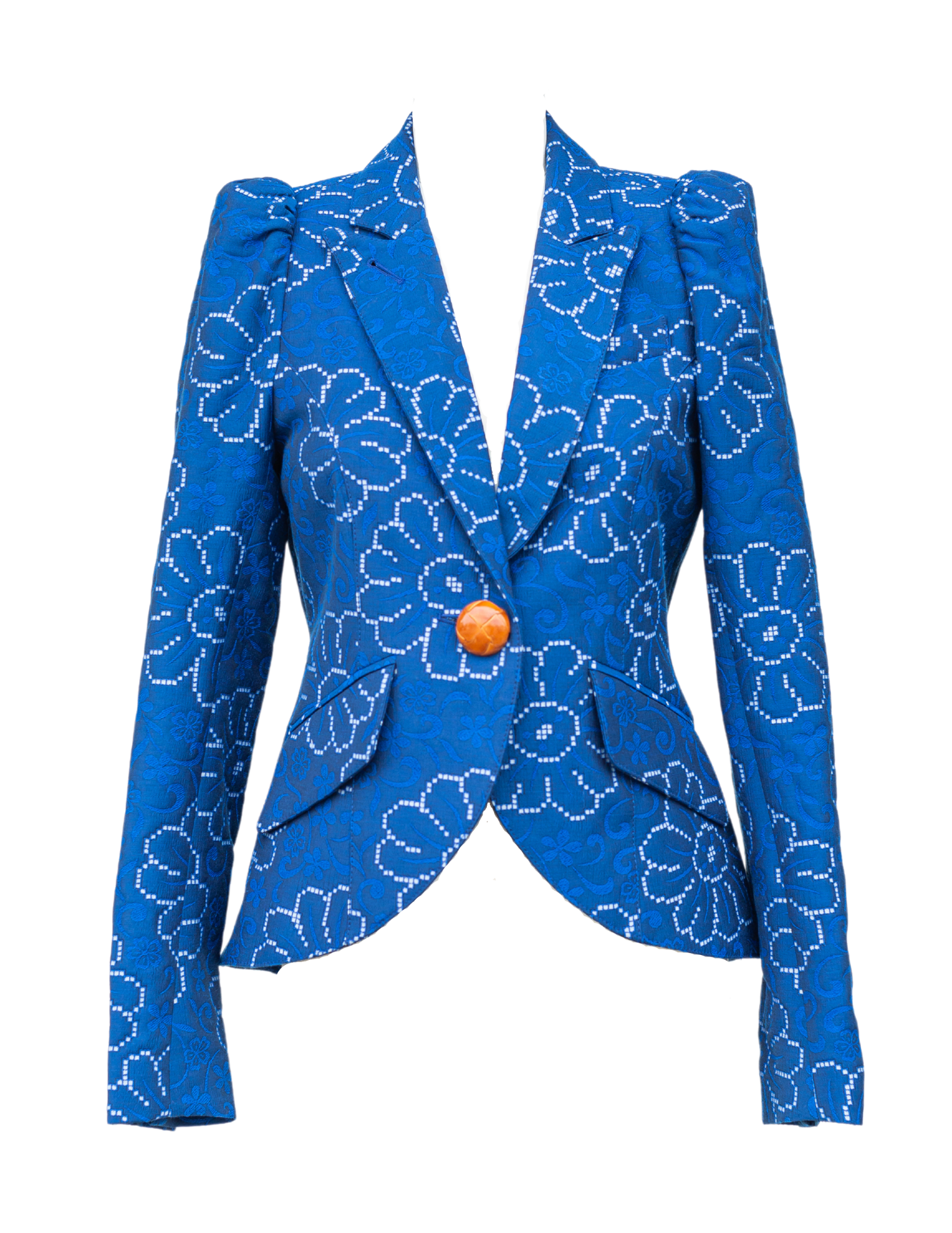 Pouf Sleeve One Button Blazer - Indigo Floral
